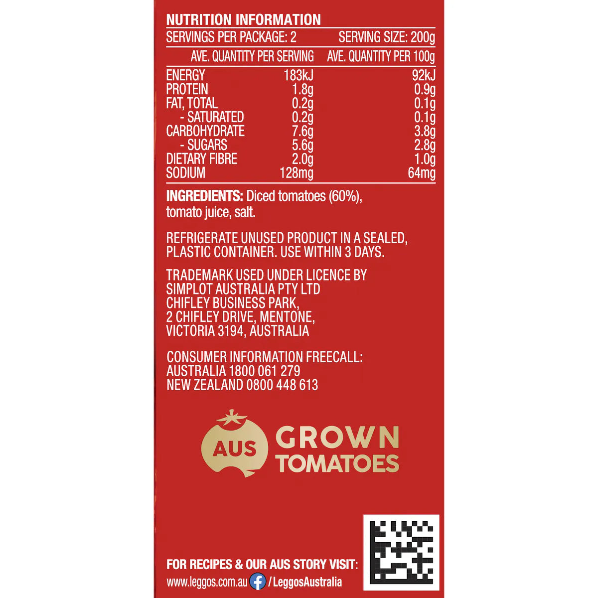 Leggo's Australian Grown Diced Tomatoes 400g